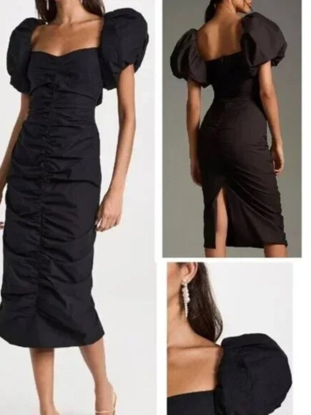 NWT RHODE TESSA RUCHED BLACK POPLIN MIDI DRESS SIZE 2